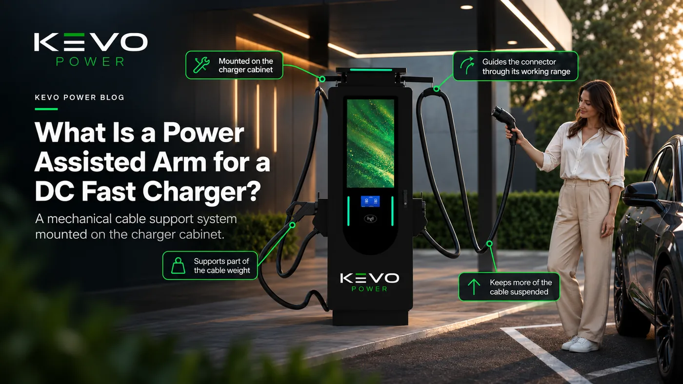 Power assisted arm for DC fast chargers supporting a heavy charging cable