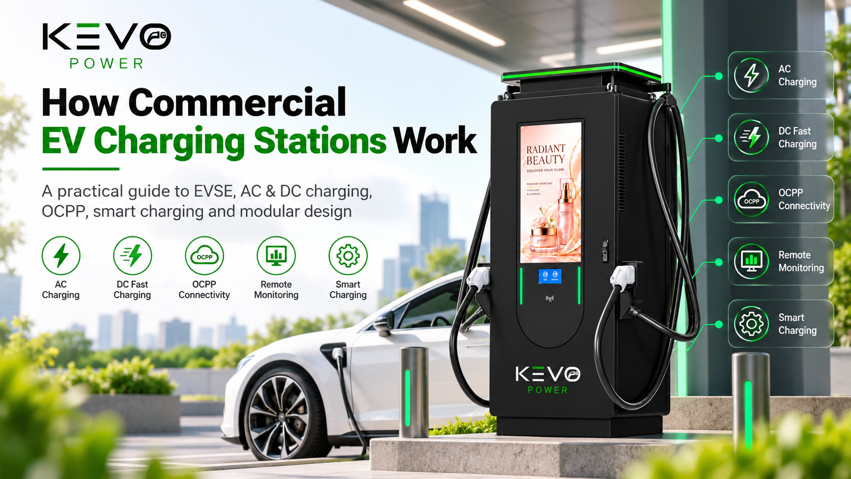 Commercial EV charging station with AC charging, DC fast charging, OCPP and smart charging