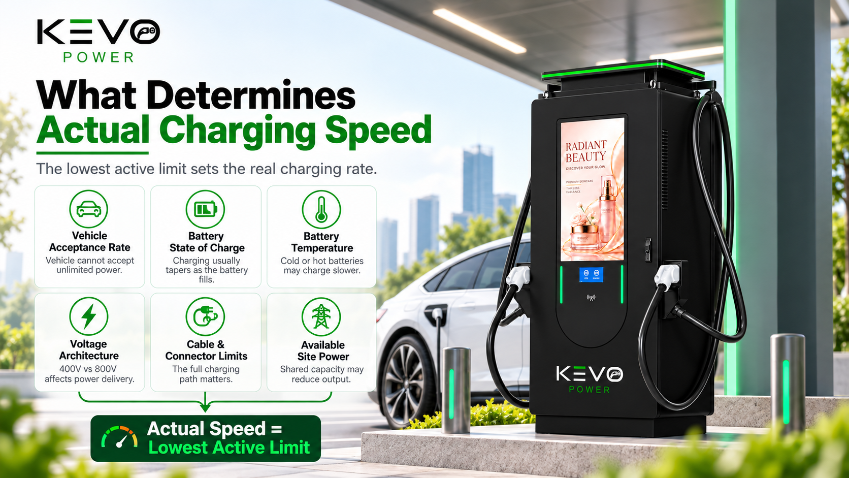 Factors that determine actual EV charging speed including vehicle, battery, cable and site power