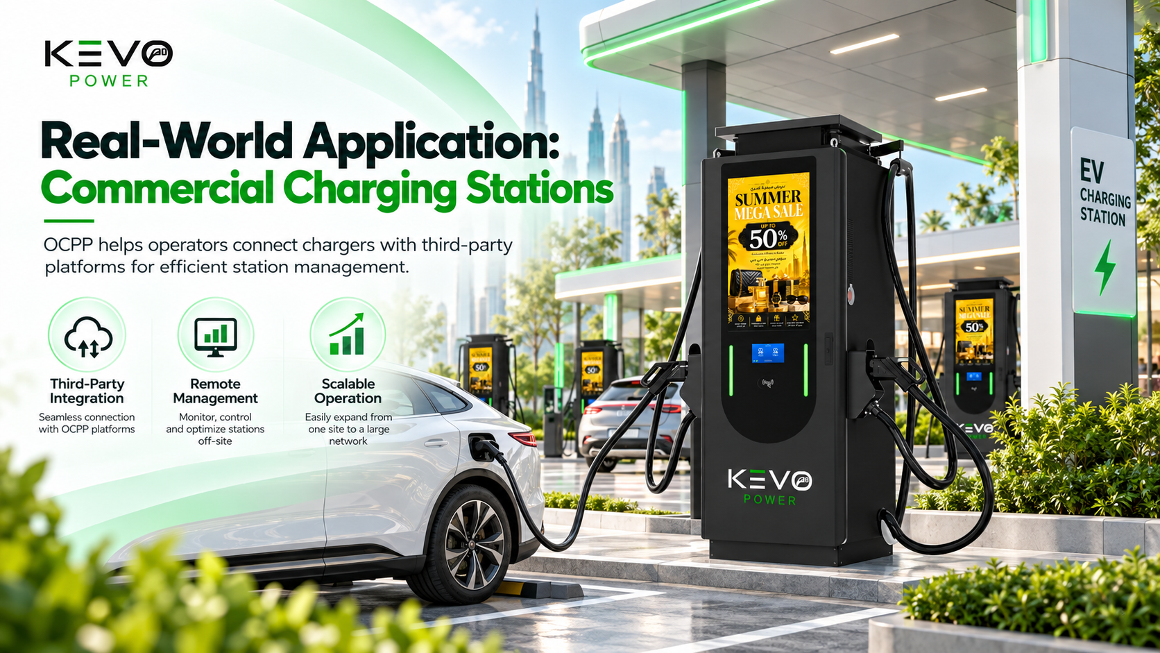 Commercial EV charging station using OCPP for third party integration remote management and scalable operation