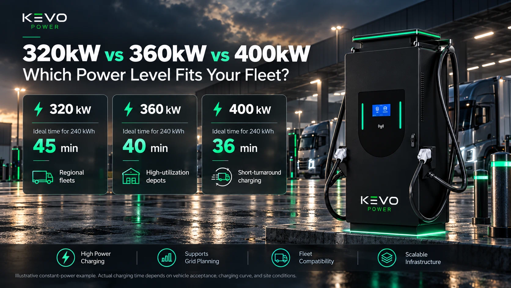 High-power DC chargers for electric truck fleets: 320 kW vs 360 kW vs 400 kW